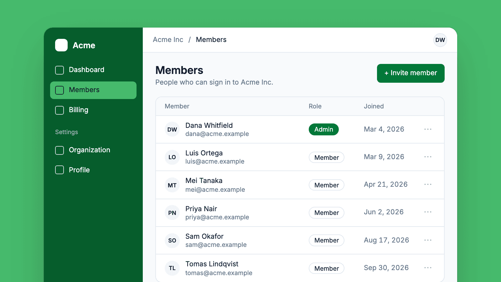 Illustration of an admin screen listing a team's members, roles and plan