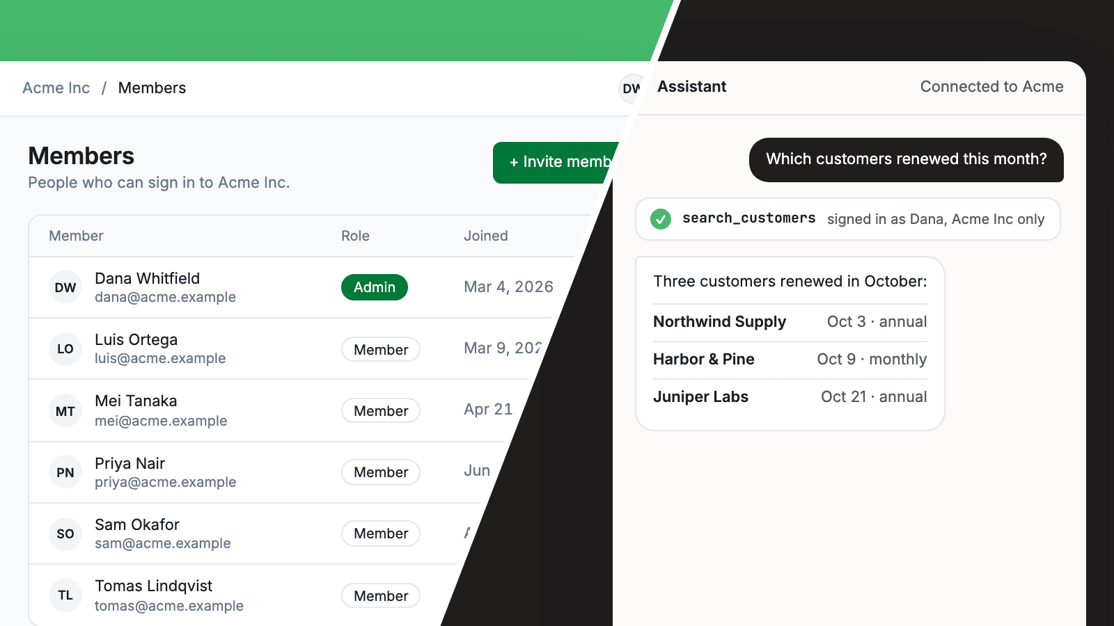 Illustration of the admin screen and the assistant side by side, split on a diagonal
