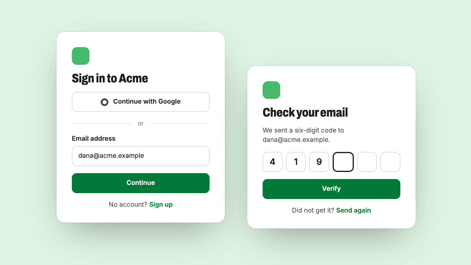 Illustration of a sign-in screen and an email code screen