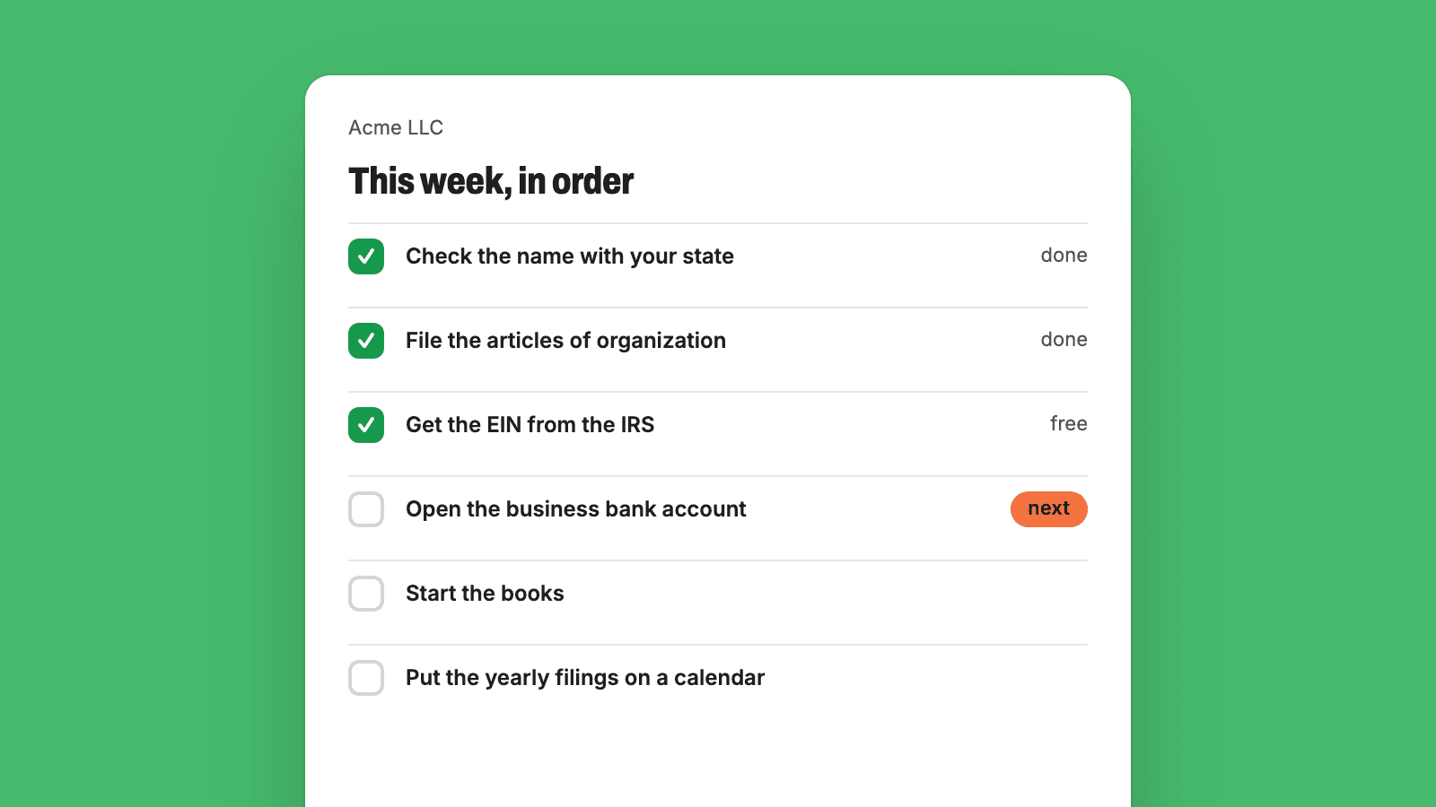 Illustration of a company formation checklist: state filing, tax number, bank account and yearly deadlines