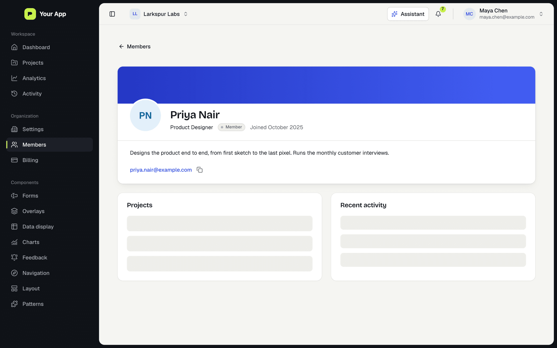 A member’s profile with their role, projects and recent activity